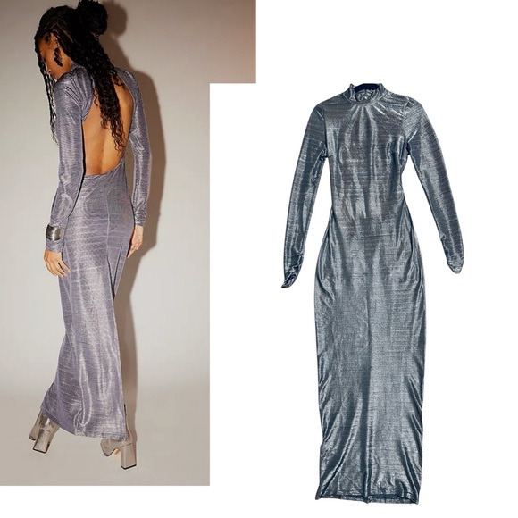 FREE PEOPLE NWT Shiny Long Sleeve Open Back Mila Maxi Dress S - Picture 1 of 17